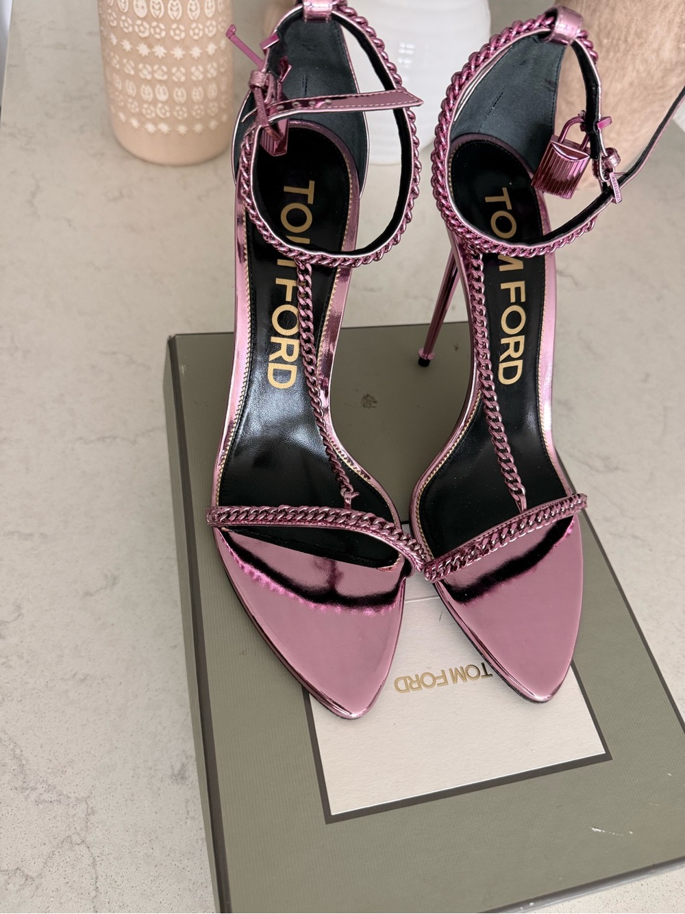 Tom Ford Metallic Pink T-Strap Stiletto Sandals